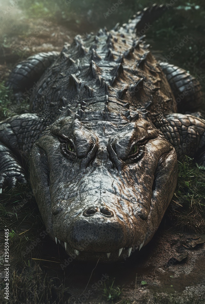 Poster close-up of a realistic alligator lying on the ground surrounded by grass and natural environment, c
