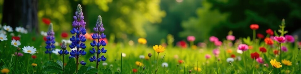 Lupinus mutabilis in a garden with other flowers, greenery, meadow