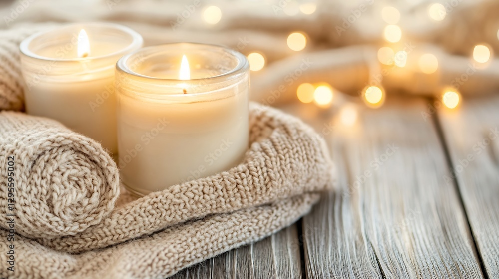 Poster Candles glowing softly surrounded by cozy knit fabric in a serene setting : Generative AI