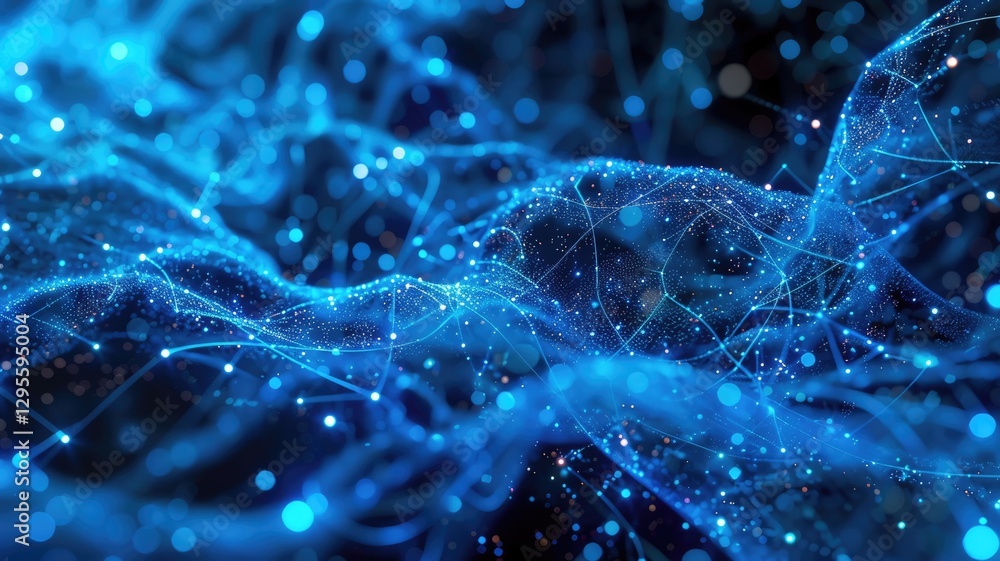 Poster explore an abstract representation of an organic communication network, illuminated by blue lights, 