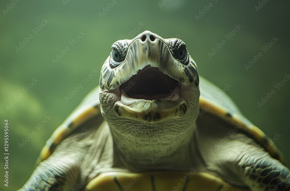 Poster close-up of a sea turtle with open mouth in a serene underwater environment, showcasing unique featu