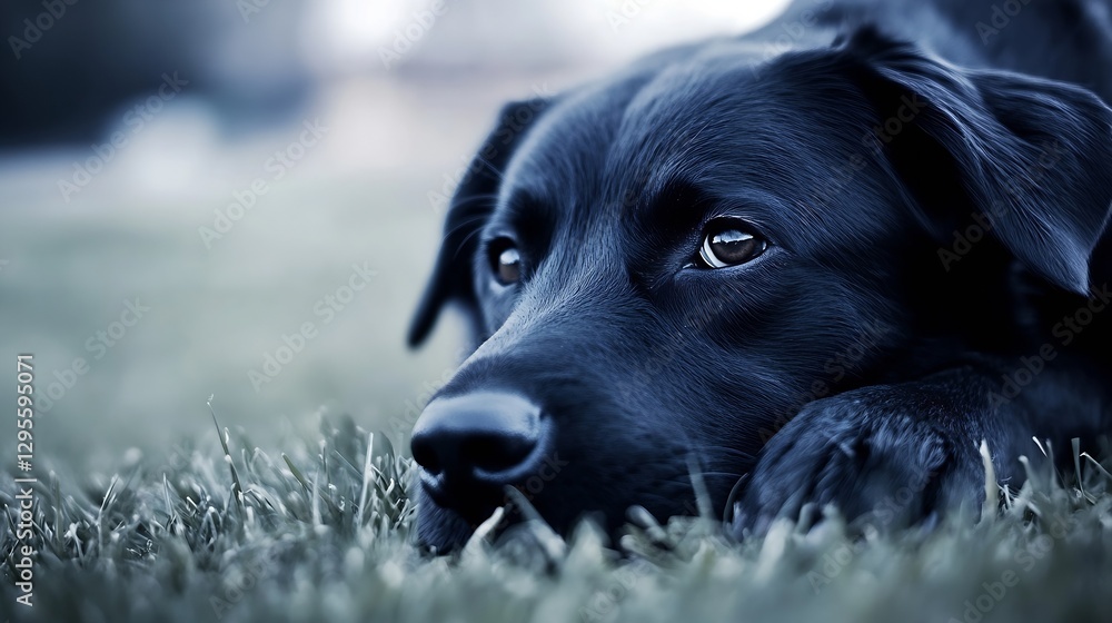 Poster elegant close-up of a resilient black dog laying on green grass in contemplation : generative ai