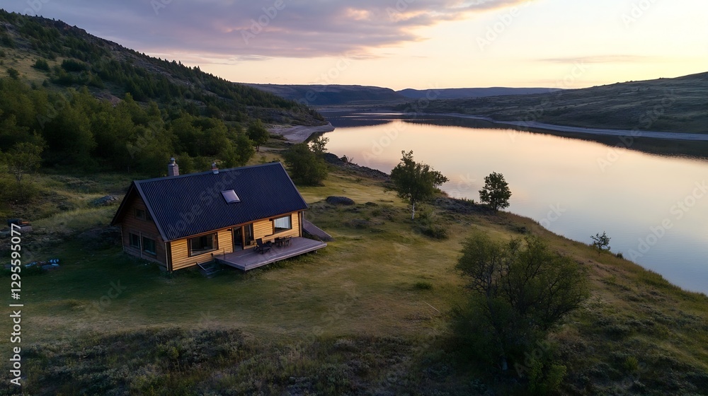 Poster charming wooden house by the serene riverbank with beautiful reflection at sunset in a tranquil sett