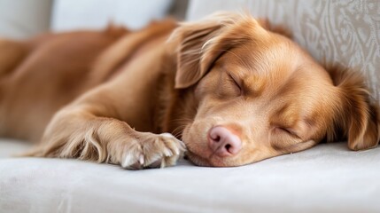 Dog sleeping peacefully on a cozy couch highlighting comfort and warmth in a domestic setting : Generative AI