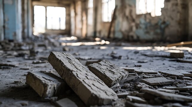 Abandoned Industrial Interior with Debris and Dust on the Floor : Generative AI