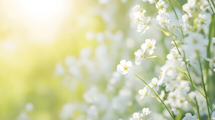 Delicate White Flowers Blooming Under Bright Soft Natural Morning Light : Generative AI