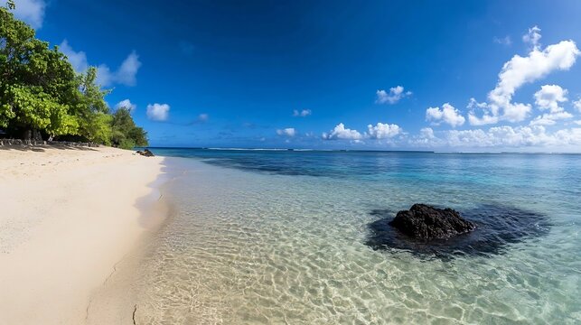 Idyllic tropical beach with crystal clear waters and a serene coastline under a bright blue sky : Generative AI - Powered by Adobe