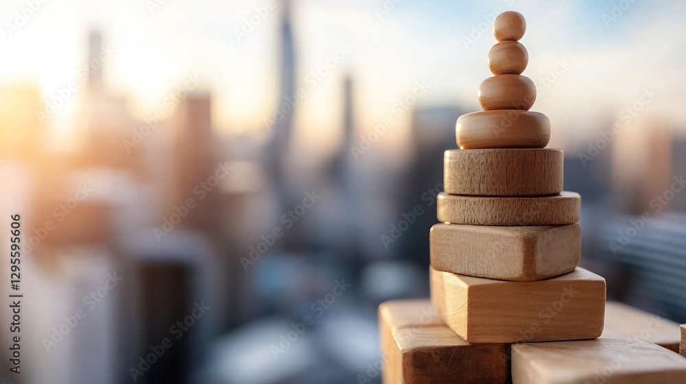 Aufkleber artfully stacked wooden blocks against a bright city background in soft focus : generative ai
