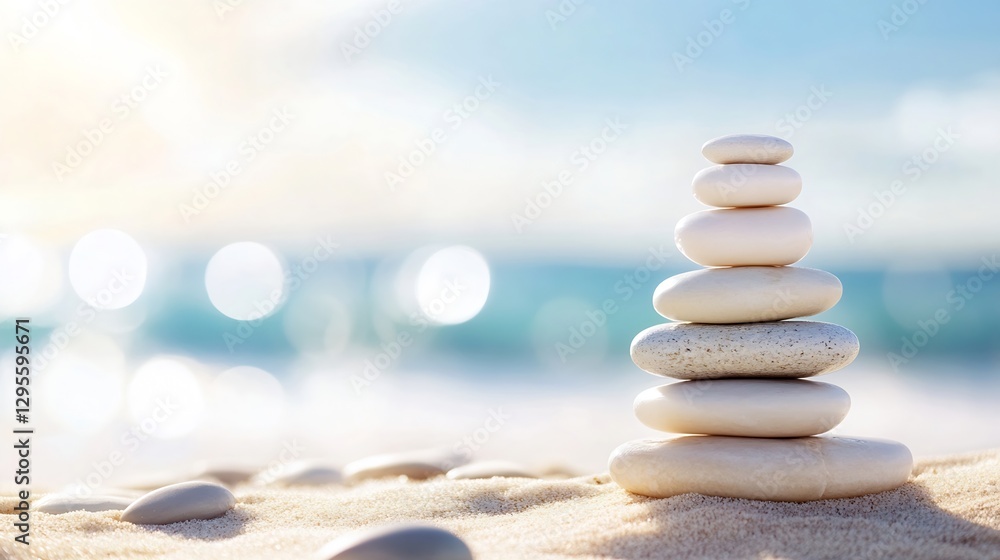 Aufkleber serenity of smooth white stones stacked on a beach with a blur background : generative ai