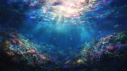 Fototapeta premium Underwater Paradise Vibrant Coral Reef and Sunlight Beams