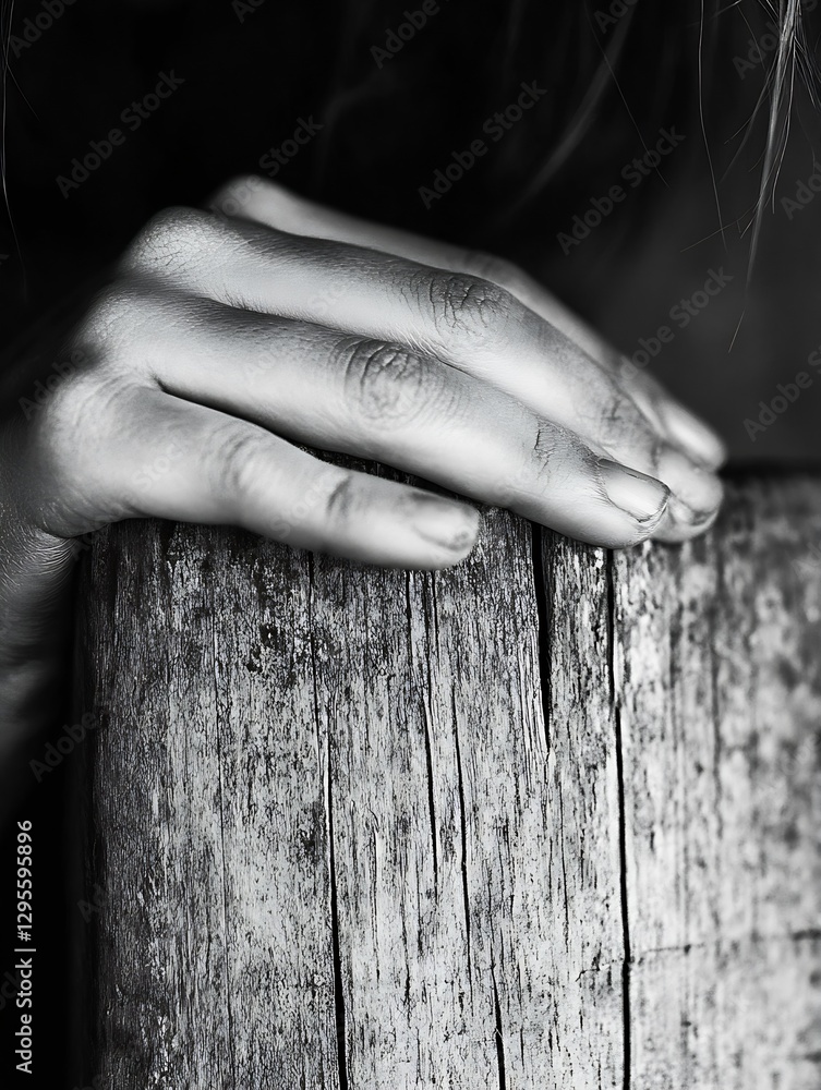 Aufkleber Intimate Black and White Image of a Hand Resting on a Textured Wooden Surface Evoking Reflection : Generative AI