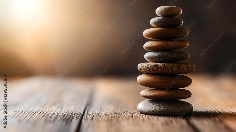 Poster balanced arrangement of smooth stones stacked peacefully on a rustic wooden surface : generative ai