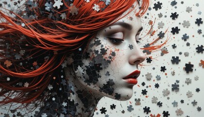 Redhead Woman Puzzle Pieces Abstract Art - Surrealism