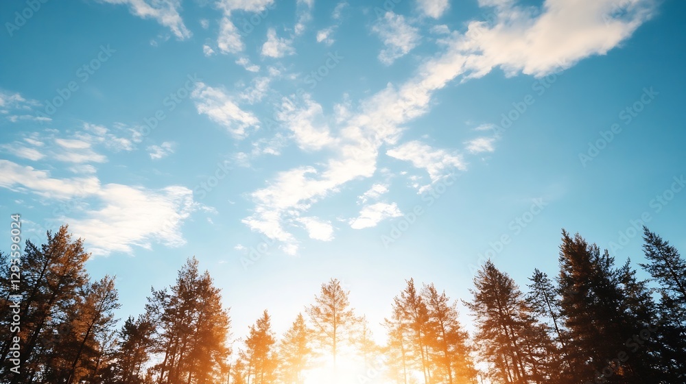 Poster majestic view of tall trees against a vibrant blue sky illuminated by the setting sun : generative a