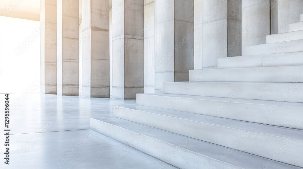 Poster Modern Minimalist Architecture Featuring Bright Concrete Steps and Tall Columns in Spacious Interior : Generative AI