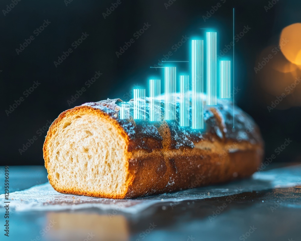 Aufkleber a loaf of bread placed on a table, enhanced with a digital graph overlay, representing data analysis
