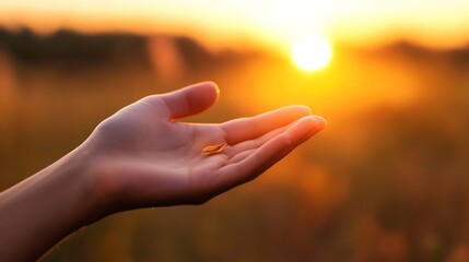 Sunset view with a hand holding seeds capturing the warmth of nature's light : Generative AI