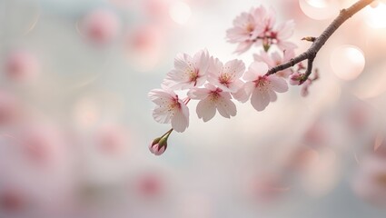 Cherry blossoms bloom on branches in a soft, tranquil setting during early spring in a peaceful garden