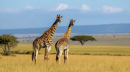 Obraz premium Majestic giraffes roaming freely in a vast savannah under a clear blue sky : Generative AI