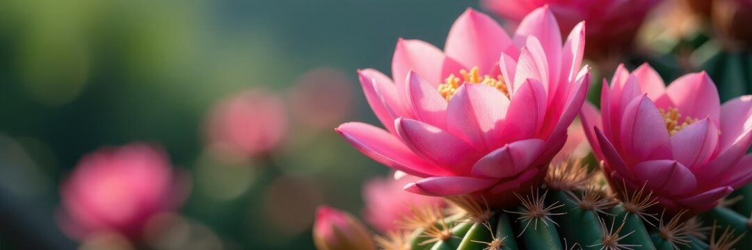 Pink lobivia cactus flowers with subtle shading and soft focus, gentle hue, flower