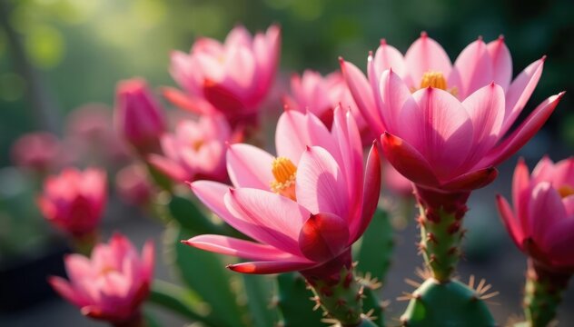 Pink lobivia cactus flowers with subtle shading and soft focus, gentle hue, natural, organic