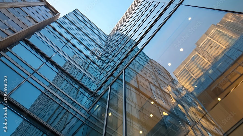Poster Dynamic Angle View of Contemporary Office Building with Glass Windows and Reflections : Generative AI