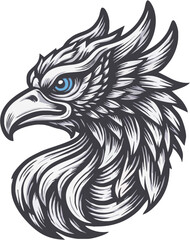 Detailed illustration of a majestic eagle's head, showcasing intricate feather patterns and piercing eyes