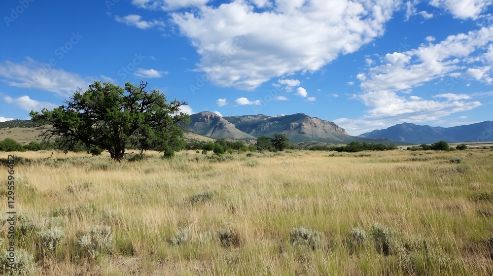 Poster expansive view of a serene landscape featuring a lone tree against majestic mountains and clouds : g
