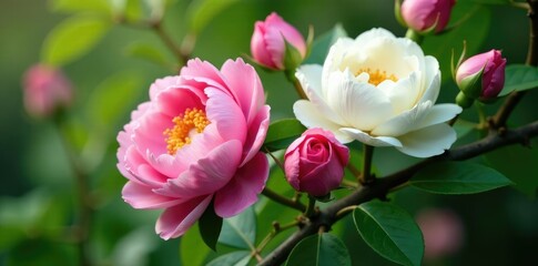 Obraz premium Pink peony and white roses entwined in a tree branch, greenery, roses