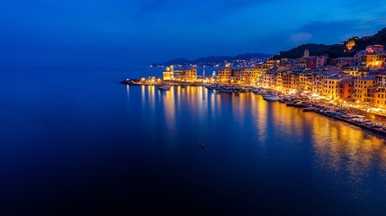 Obraz premium Beautiful Coastal Town at Night with Illuminated Buildings and Reflections on Water : Generative AI