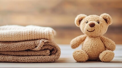 Adorable teddy bear beside soft knitted sweaters on a rustic wooden table : Generative AI