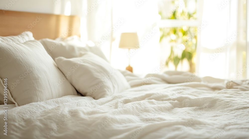Aufkleber Cozy Bed With Soft Linens And Sunlight Streaming Through Window Creating Warm Atmosphere : Generative AI