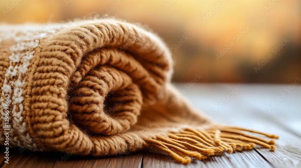 Aufkleber rolled up warm knitted blanket with a beautiful fringe ready for use on a cozy evening : generative 