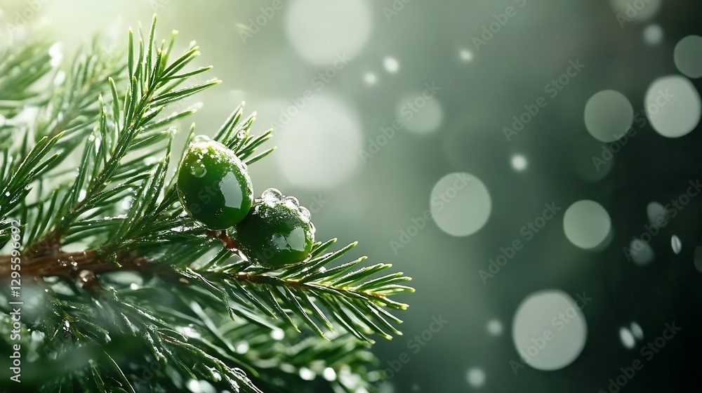 Poster close-up of pine branch with dew drops and soft bokeh background creating a magical effect : generat