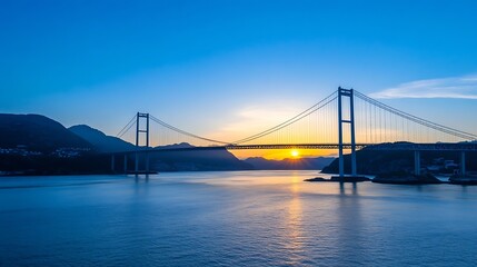 Fototapeta premium Beautiful Sunset Over a Bridge with Water Reflections and Majestic Mountains in the Background : Generative AI
