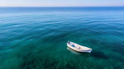 Serene View of a Small White Boat Floating Calmly on Crystal Clear Waters : Generative AI