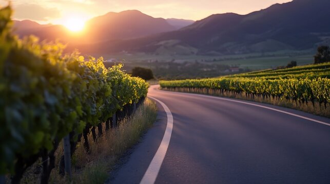 Stunning Vineyard Road Surrounded by Lush Green Vines at Sunset in Rolling Hills : Generative AI
