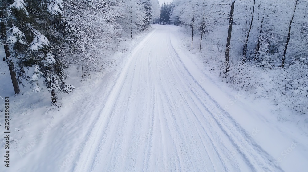 Poster quiet snowy road surrounded by frosty trees creating a peaceful winter landscape : generative ai