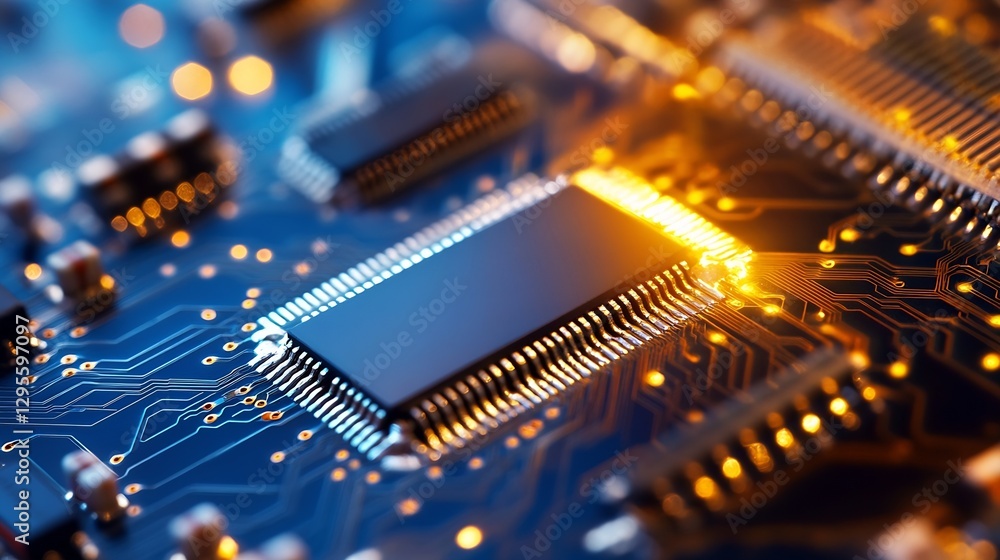 Poster Close-Up of a Circuit Board with Illuminated Microchips and Technology : Generative AI