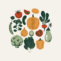 Vegetables round composition. Textured retro style. Vegetables background. Healthy food. Vector illustration