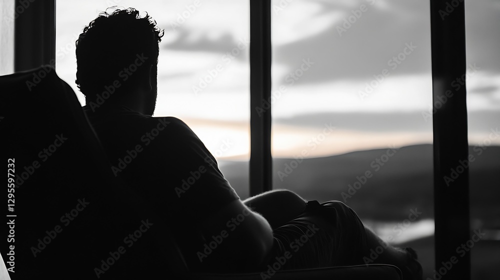 Poster Thoughtful man seated by window enjoying serene view of mountains and setting sun : Generative AI