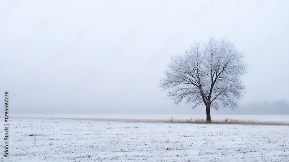 Aufkleber A solitary tree stands in a vast snowcovered field under a foggy and muted winter sky creating a serene atmosphere : Generative AI