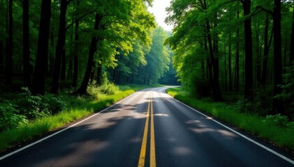 Obraz premium Single asphalt lane winding through dense forest, nature, road surface, landscape