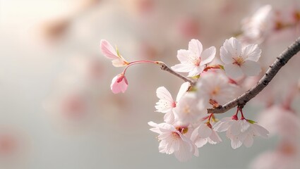Cherry blossoms bloom beautifully on a branch, showcasing delicate pink and white petals in a serene spring morning