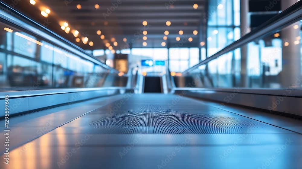 Poster modern airport interior featuring a moving walkway in a spacious terminal filled with ambient lighti