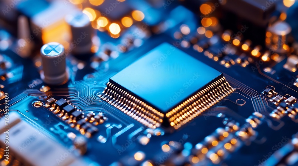 Aufkleber High-Tech Microprocessor on Circuit Board with Beautiful Lighting Effects : Generative AI