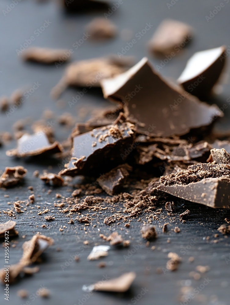Aufkleber close up view of dark chocolate chunks and crumbles on dark surface : generative ai