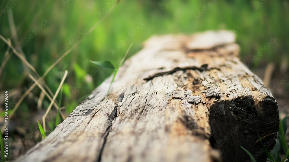 Poster close up of old wooden log in green grass background : generative ai