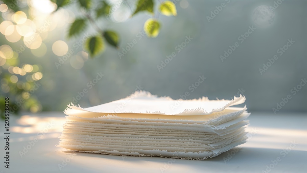 Poster stacks of handmade paper sheets resting on a table under soft morning light with blurred greenery in