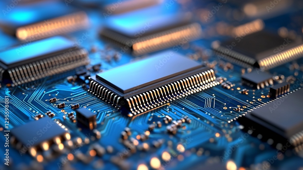 Poster intricate close up of high tech microchip on blue circuit board : generative ai